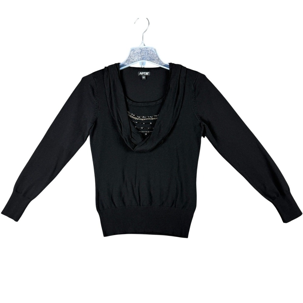 Apt 9 Womens Small Black Layered Cowl Neck Beaded Inset Long Sleeve Sweater Chic